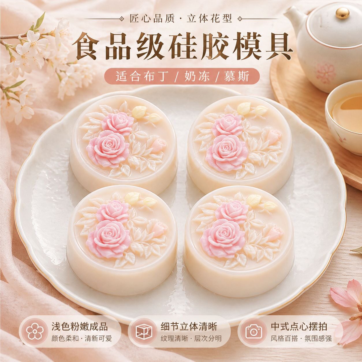玫瑰花朵硅胶模具食品级家用慕斯布丁奶冻冰皮月饼手工皂烘焙磨具