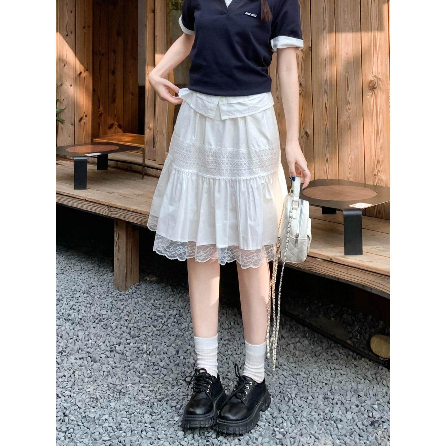 韩国东大门女装新款超仙白色蕾丝拼接褶皱半身裙气质伞裙A字中裙