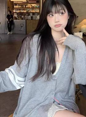 韩系灰色v领针织开衫外套女2025新款薄款高级感宽松早秋chic上衣