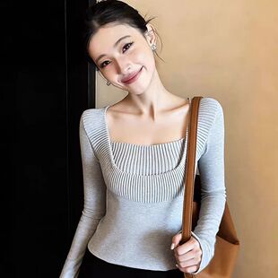 女新款 内搭针织衫 独特漂亮上衣 修身 灰色假两件方领设计感2026春季