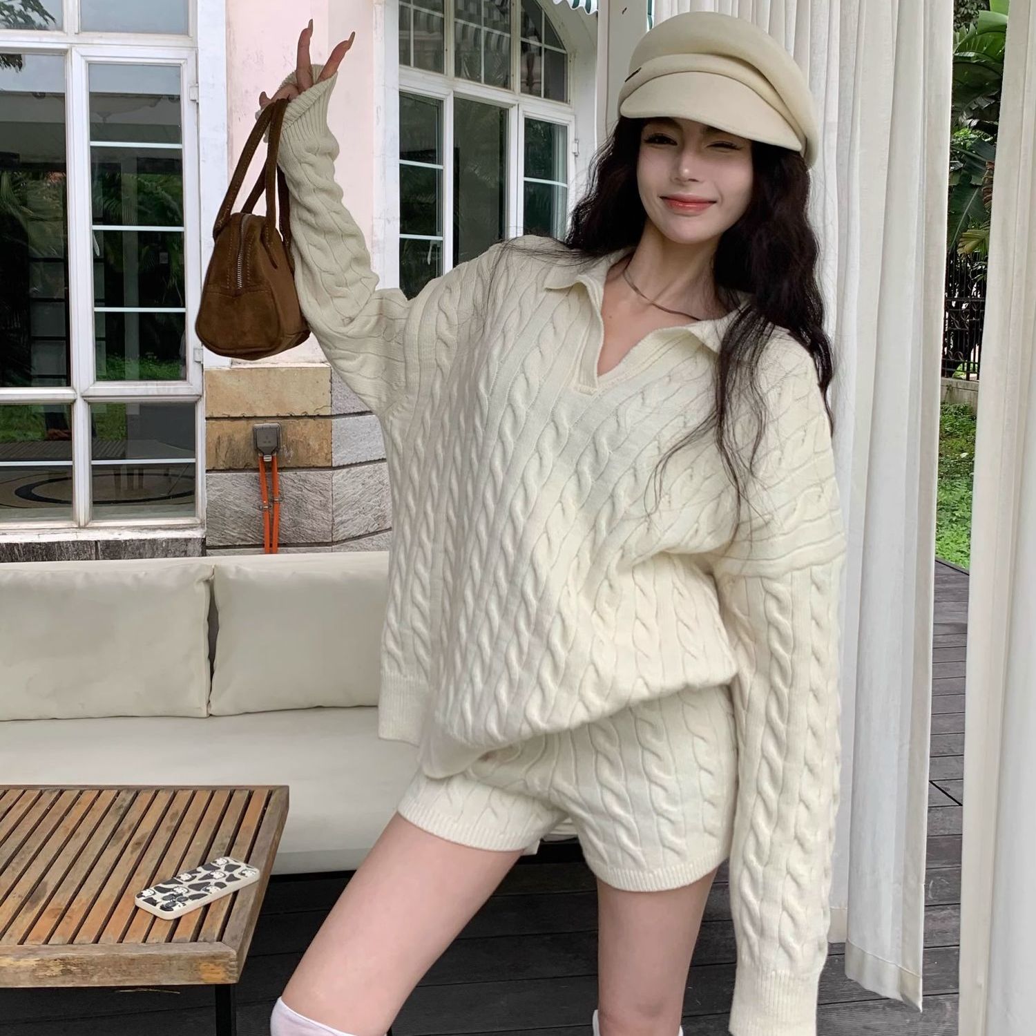 日系慵懒风麻花针织套装女2026春季宽松设计感上衣短裤两件套叠穿