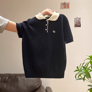 正肩短袖 2025年夏季 女纽扣套头修身 新款 上衣 小狗刺绣POLO领针织衫