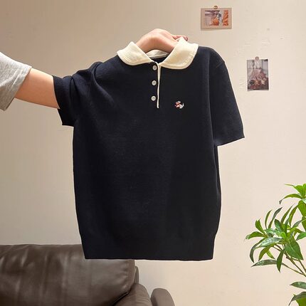 2025年夏季新款小狗刺绣POLO领针织衫女纽扣套头修身正肩短袖上衣