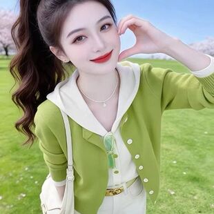 清新软糯高级感上衣女 法式 绿色连帽拼接2026年春季 假两件针织开衫