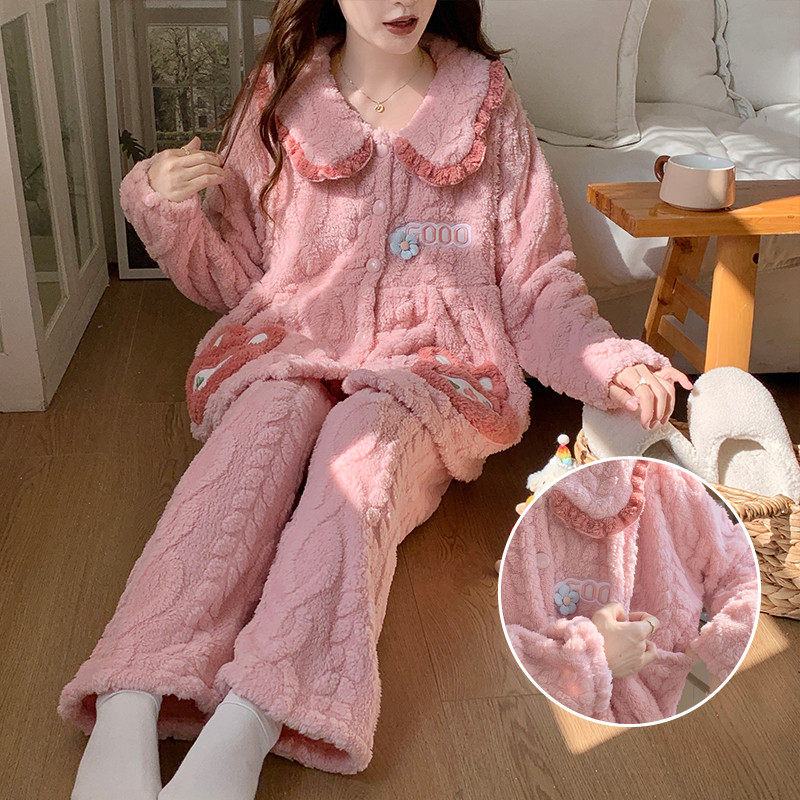 秋冬季新款长毛绒孕妇睡衣可爱时尚开衫套可哺乳月子服居家服套装