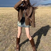 高级感美式复古棕色皮衣外套女2025秋季新款小个子pu皮机车夹克女