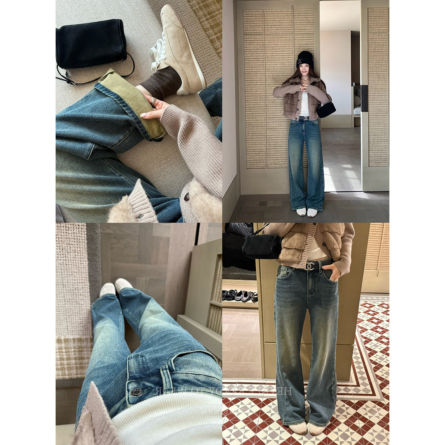 黑豆弹力加绒牛仔裤女复古水洗猫须直筒微阔长裤秋冬加厚保暖哼哼