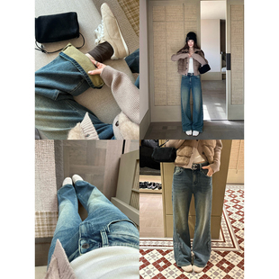 黑豆弹力加绒牛仔裤 秋冬加厚保暖哼哼 女复古水洗猫须直筒微阔长裤