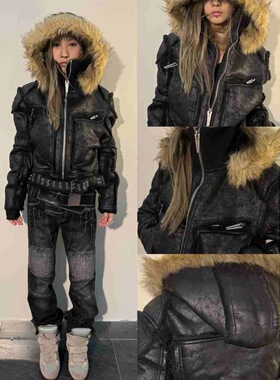 113 Market 冬季超厚爆裂纹皮革带毛领多拉链可拆卸连帽外套
