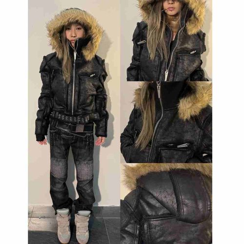 113 Market 冬季超厚爆裂纹皮革带毛领多拉链可拆卸连帽外套