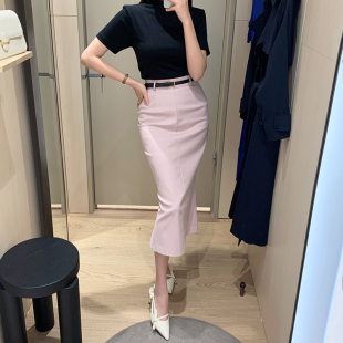 粉色腰带半身裙高腰拼接鱼尾裙修身 半裙3 显瘦ol开叉包臀裙中长款