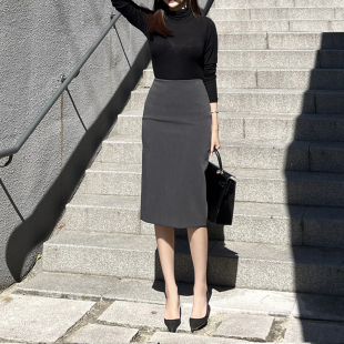 灰色半身裙女秋季 裙高腰包臀裙灰色拼蕾丝裙子 黑色半裙高级感西装