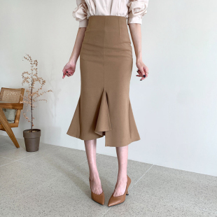 包臀a字中长裙 荷叶边卡其色高腰修身 鱼尾半身裙女秋季 新款