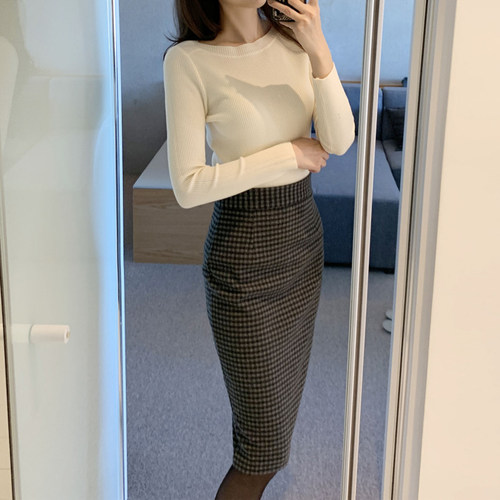 格子毛呢冬季通勤直筒半身裙包臀