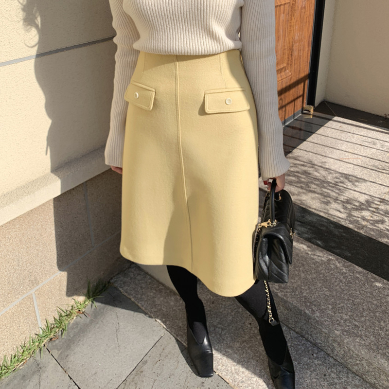 秋冬a字裙毛呢浅黄色半身裙高腰