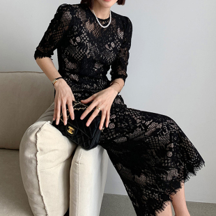 黑色水溶蕾丝连衣裙女修身2026夏季高级感轻奢女镂空包臀中长款7