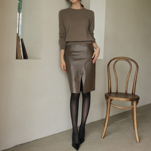 皮裙半身裙女2026新款 棕色包臀裙开叉裙子黑高腰中裙短裙7 春季