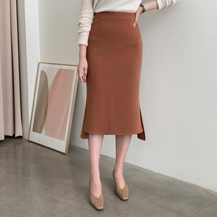 包臀西装 职业中长款 裙子 开叉秋季 棕色半身裙鱼尾裙女2025新款
