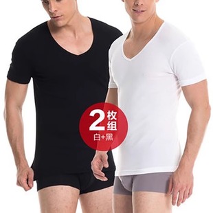 三枪短袖T恤男夏季大码纯棉弹力V领圆领短袖全棉白色运动打底衬衫