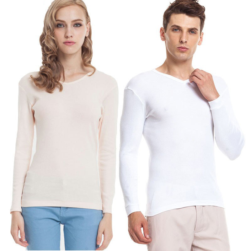 三枪秋衣女纯棉秋冬款薄款V领全棉长袖打底衫内穿修身保暖上衣男