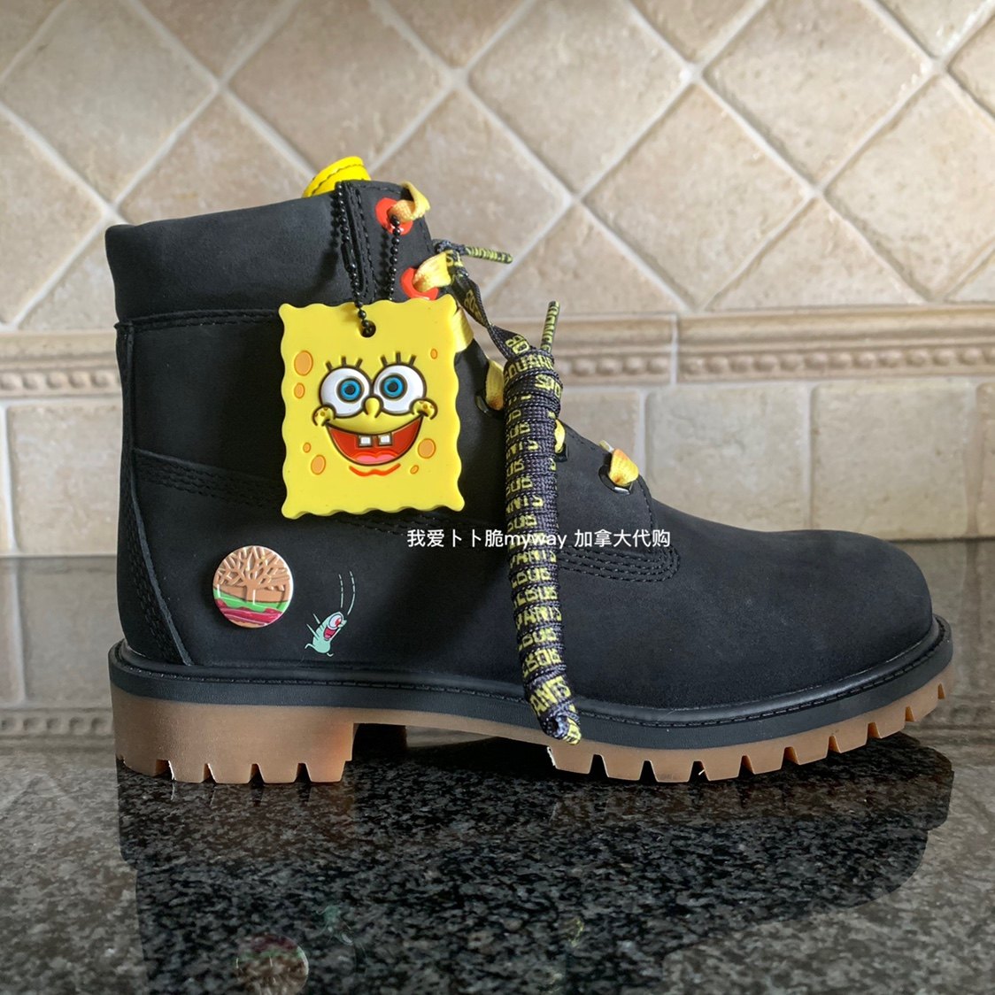 加拿大代购timberland添柏岚海绵宝宝联名6寸高帮防水蓝黑 男女鞋