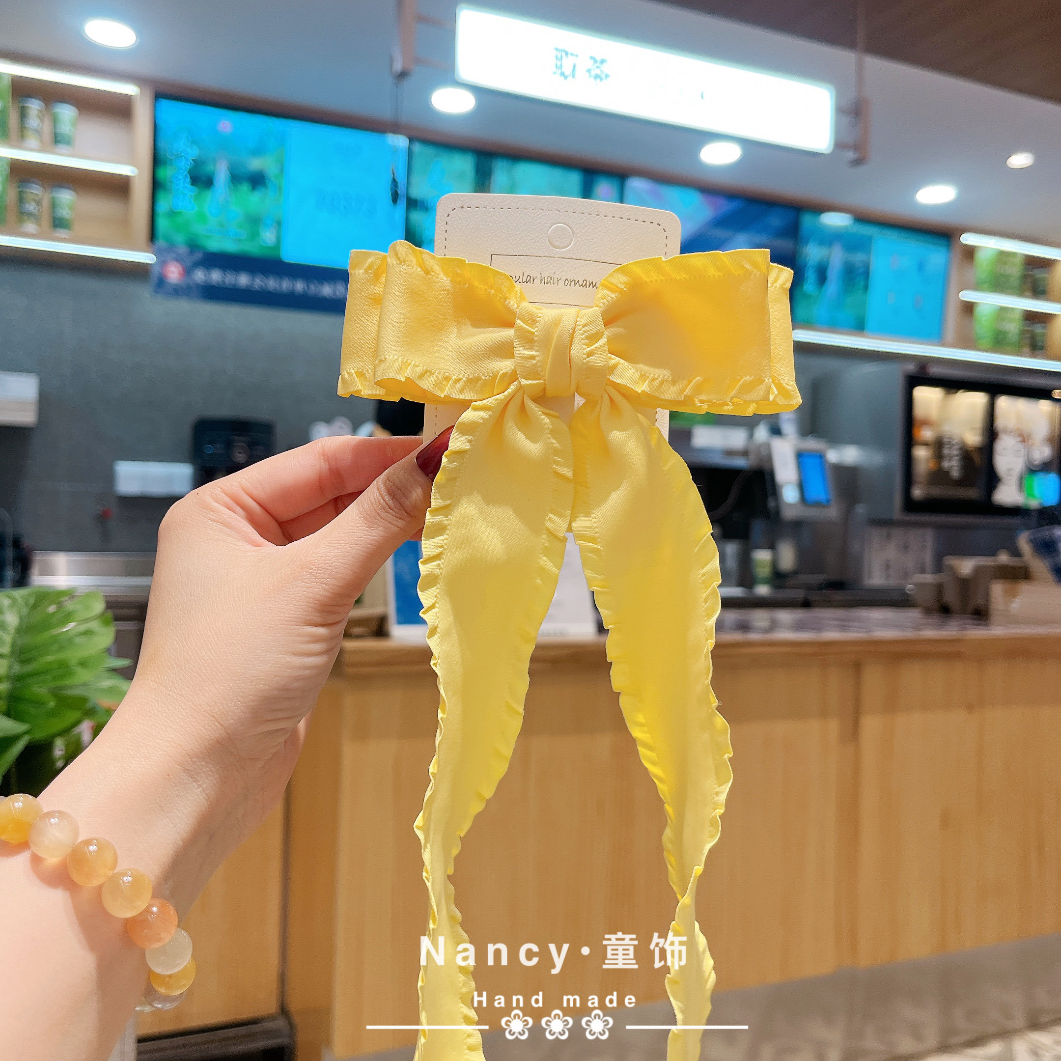 新款黄色儿童蝴蝶结发夹糖果色波浪边气质女孩蝴蝶结飘带发饰头饰