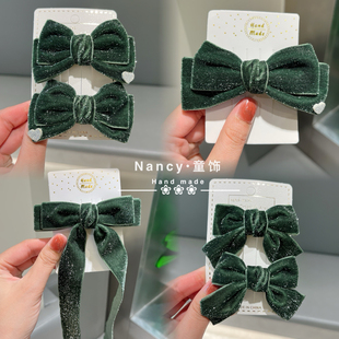秋冬款银葱闪闪洋气橄榄绿色丝绒蝴蝶结发饰儿童发夹头饰儿童配饰