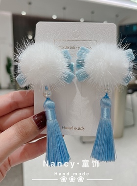 秋冬新款儿童冰雪蓝色闪闪银葱毛球蝴蝶结对夹女童头饰发饰配饰