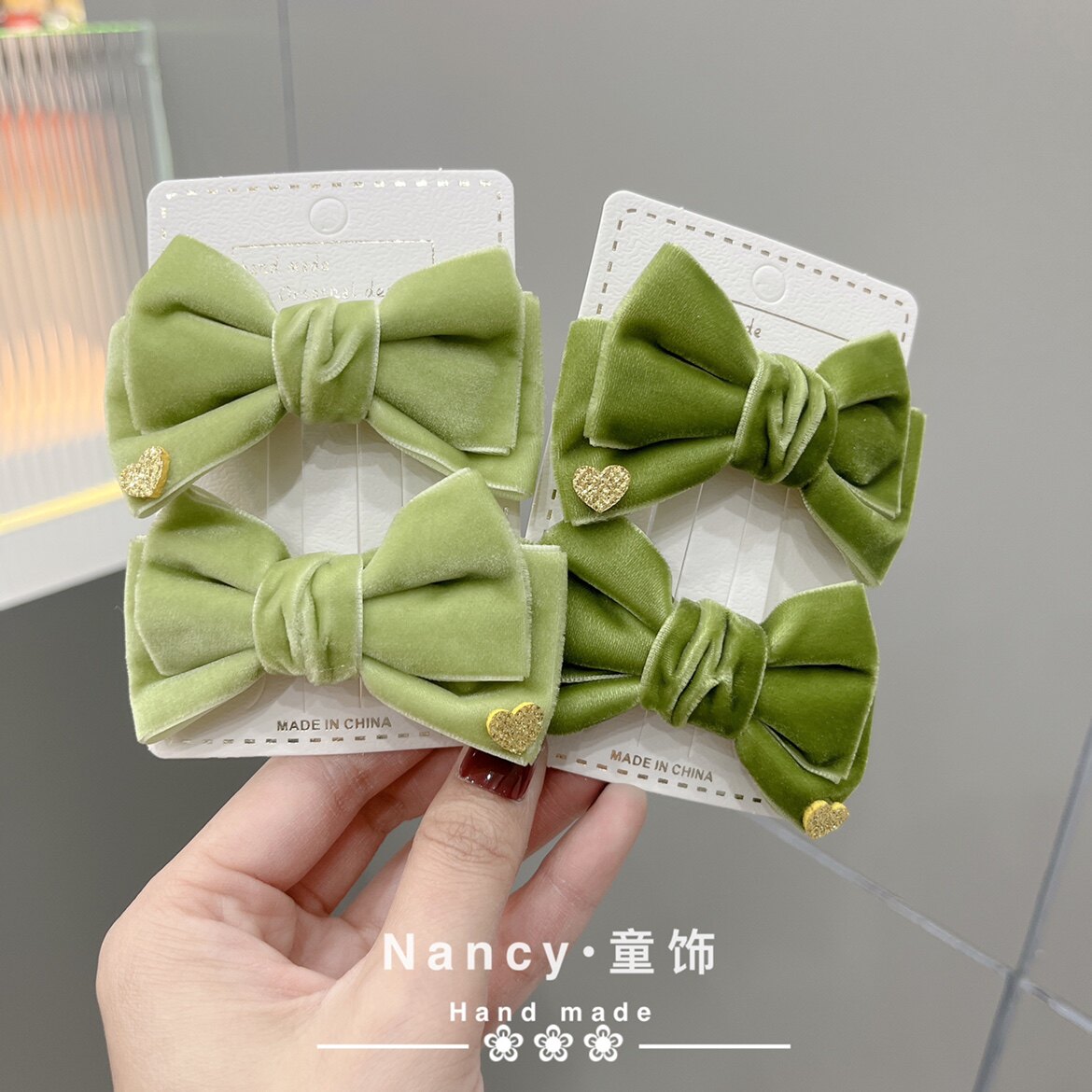 小清新牛油果绿抹茶绿丝绒天鹅绒蝴蝶结对夹女童对夹头饰发卡配饰