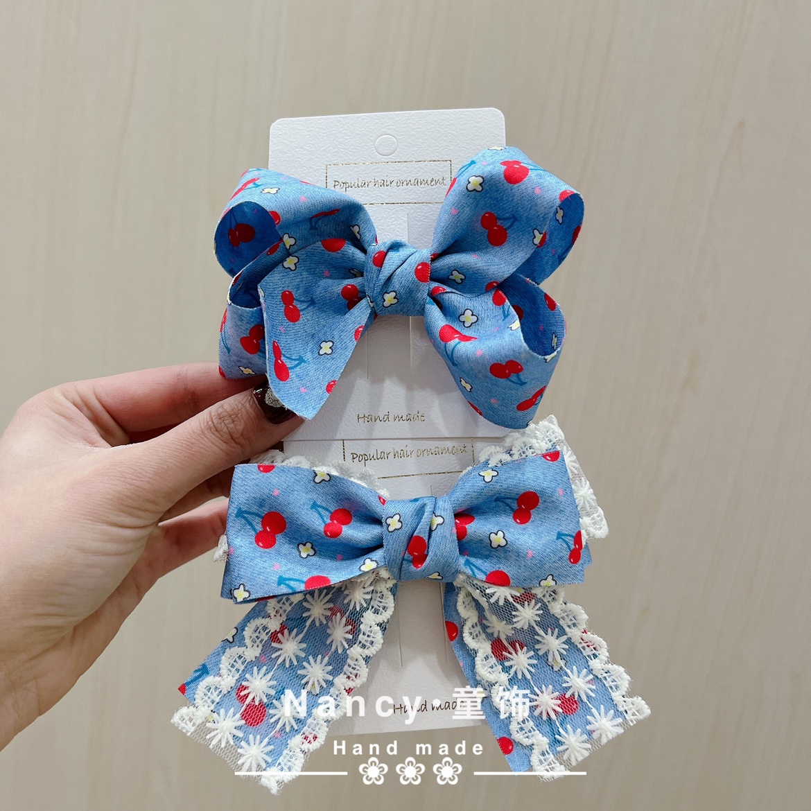 春天款牛仔蓝樱桃水果印花儿童可爱扭扭蝴蝶结头饰发夹女孩蕾丝