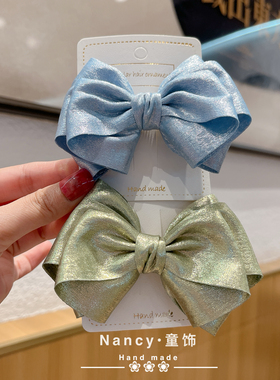 秋冬韩版洋气儿童发饰闪闪蓝绿色蝴蝶结发夹女童公主高质感发饰