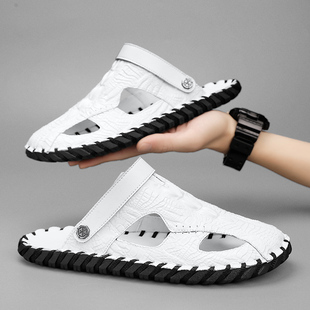 欧美风手工缝制鳄鱼纹露趾凉鞋男士时尚平底凉拖鞋两用沙滩鞋外穿