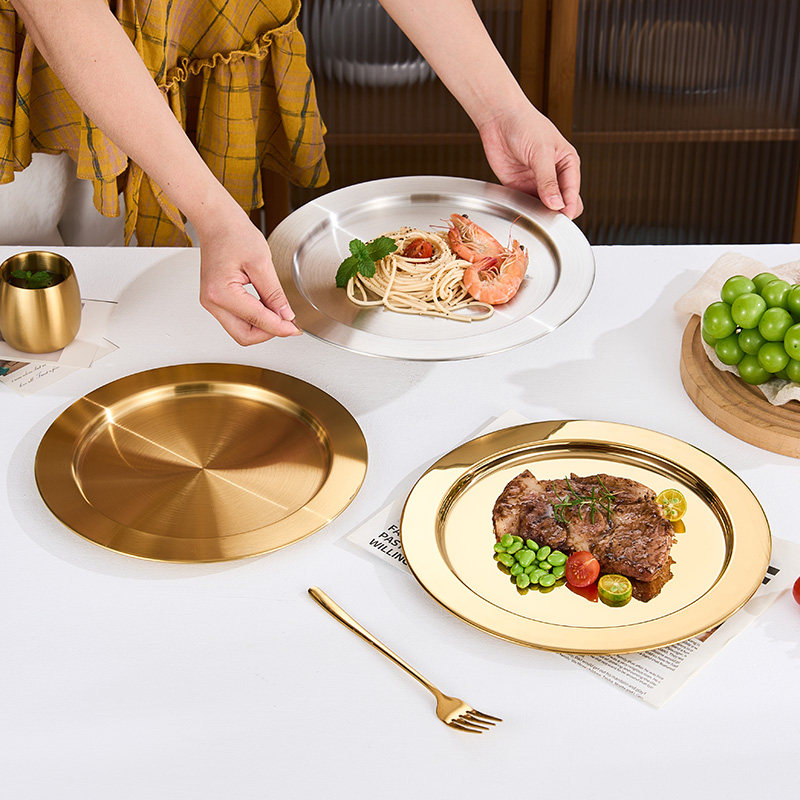 韩式不锈钢宽边西餐牛排意面盘