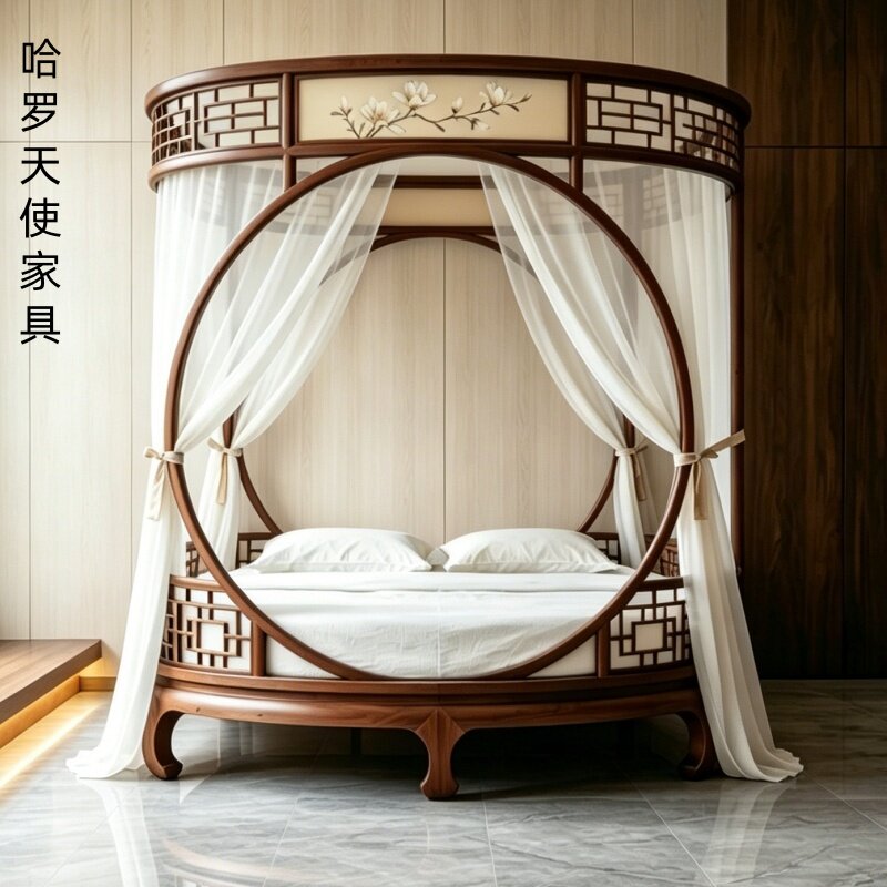 新中式乌金木圆形带纱帘架子床古典卧室双人床实木床可定制艺术