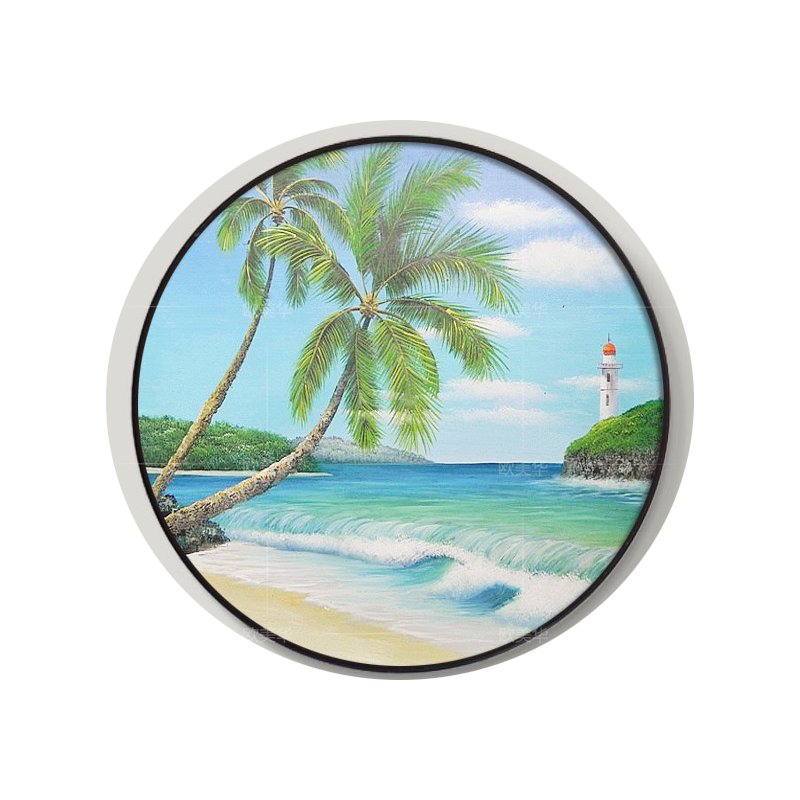 手绘海南景油画椰子树有框圆形轻奢简约壁画入户玄关走廊卧室挂画