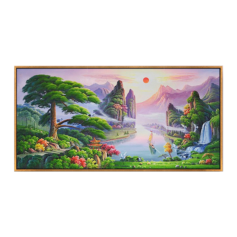 手绘油画立体油画现代中式山水风景客厅装饰画迎客松沙发背景挂画