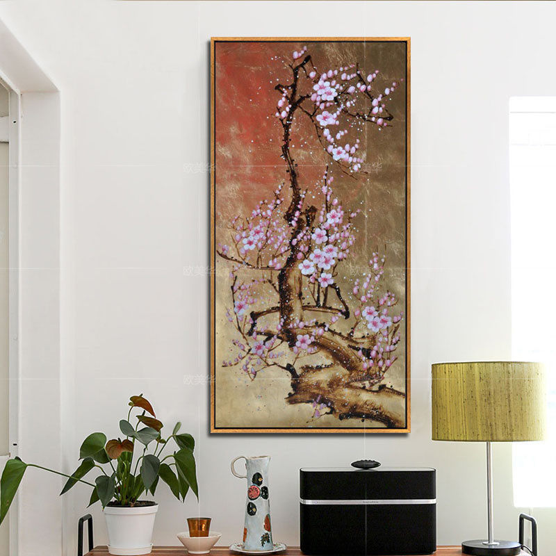 纯手绘新中式玄关油画装饰有框画壁画客厅楼梯大幅竖版油画 梅花