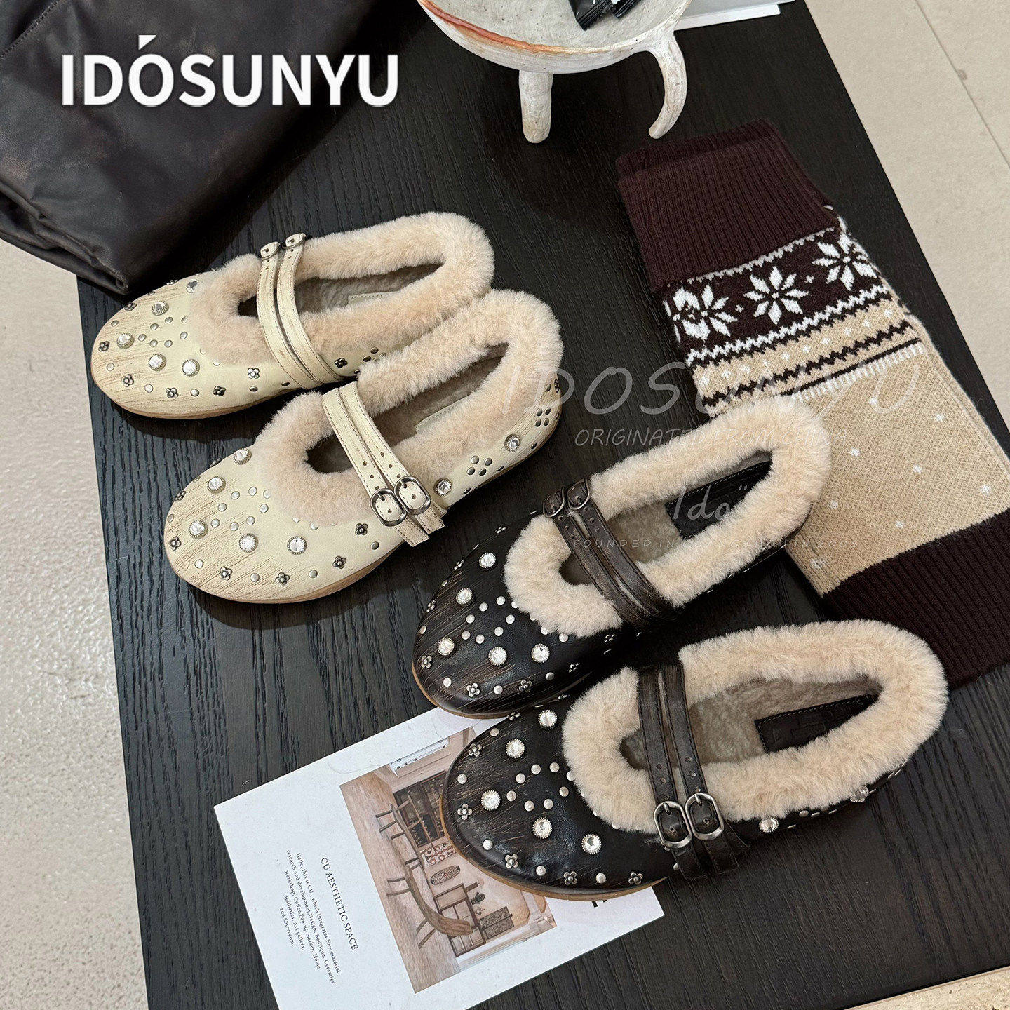 IDOSUNYU欧货新款牛皮铆钉玛丽珍鞋女真皮毛毛鞋平底百搭豆豆鞋