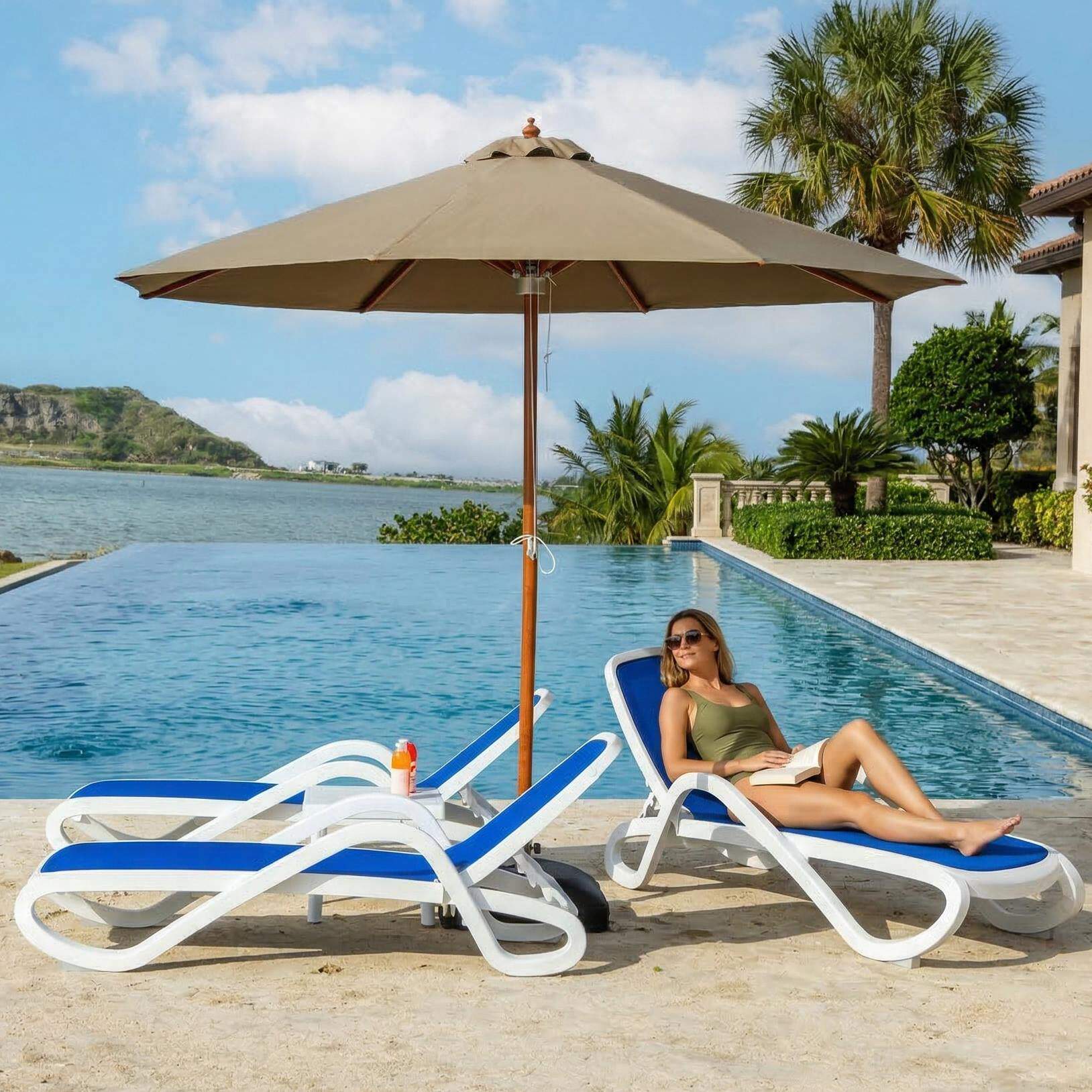 高端户外遮阳伞铝合金庭院中柱圆方形沙滩泳池躺床大太阳伞商用伞