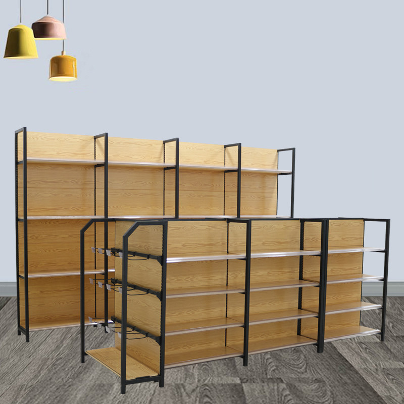 超市百货货架便利店药店小卖部文具单面中岛立柱仿木纹陈列展示架
