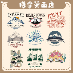 2025新款山峰山脉字母白墨烫画贴服装印花辅料T恤卫衣图案热转印