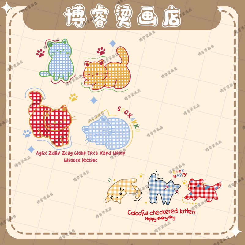 白墨烫画贴 格子猫咪印花辅料装饰贴T恤卫衣新款图案热转印烫图