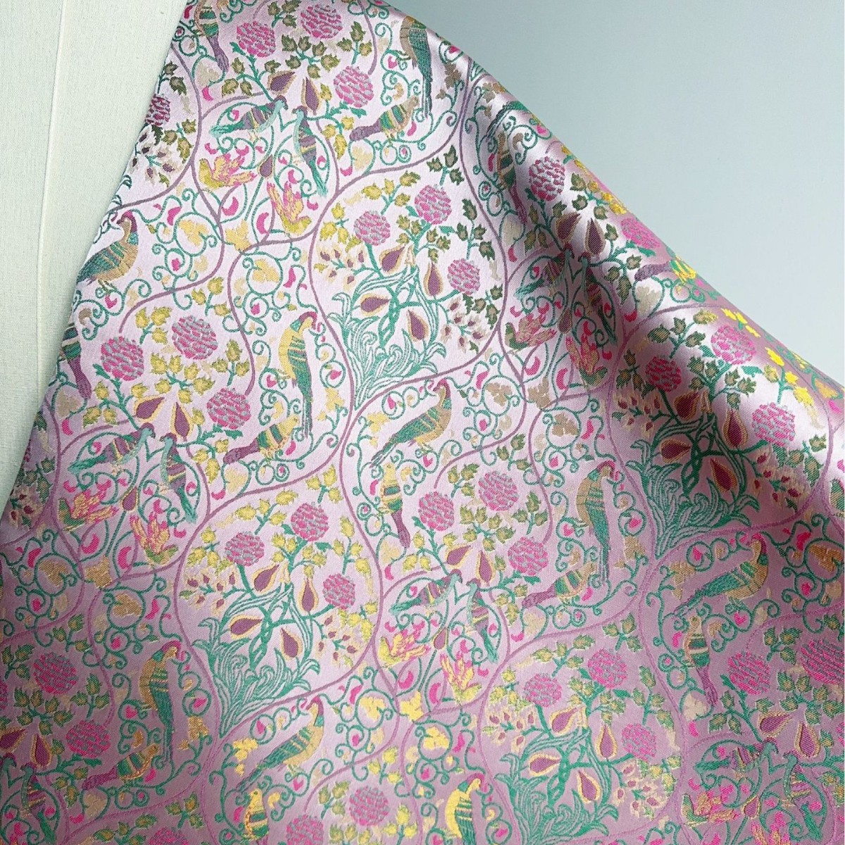 粉金田园风鸟语花香仿宋锦提花面料 新中式马甲旗袍上衣箱包抱枕