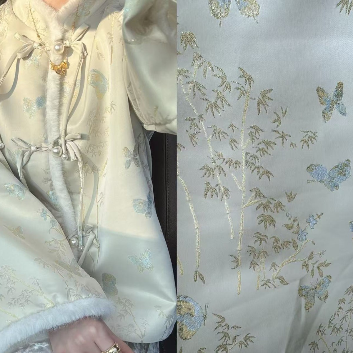 金色竹叶蝴蝶提花国风面料 女装童装新中式服装面料马甲外套箱包