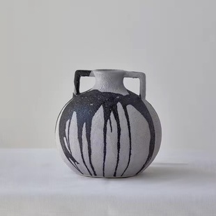 法式中古风黑咖双耳陶瓷花瓶客厅样板间软装手绘干花花器饰品摆件