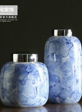 新中式手绘青花陶瓷带盖储物罐摆件 现代客厅玄关柜家居软装饰品