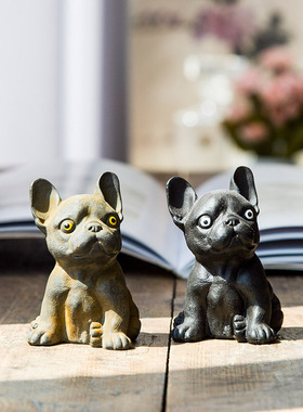 创意法斗小摆件法国斗牛犬仿铸铁铁锈风桌面小摆设手工茶宠手把件