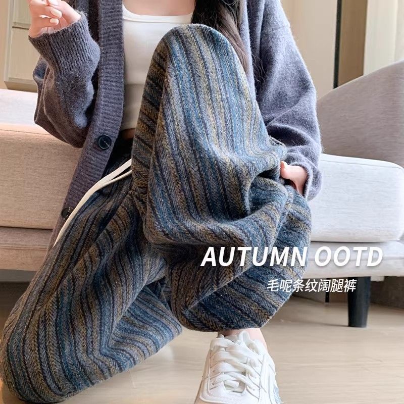竖条纹加厚裤女2025秋冬新款休闲复古直筒慵懒加绒小个子阔腿裤子