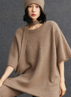 R0W风及简羊绒宽松廓形半袖针织衫女圆领中长款羊毛毛衣慵懒上衣