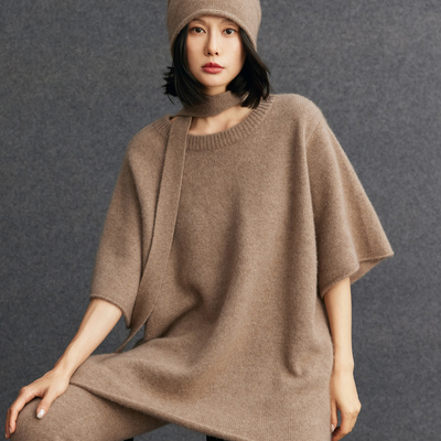 R0W风及简羊绒宽松廓形半袖针织衫女圆领中长款羊毛毛衣慵懒上衣